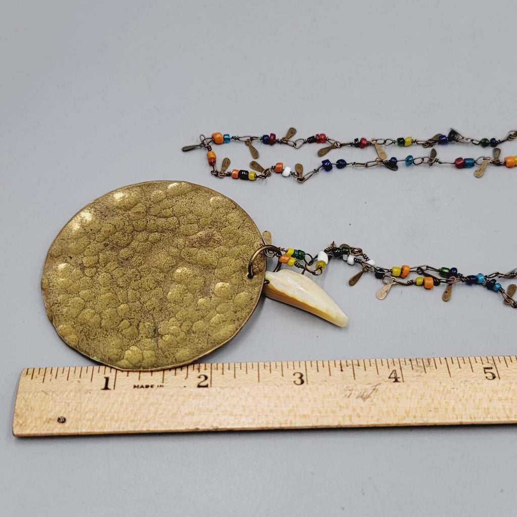 Artisan Multicolor Seed Beads Large Brass Pendant Necklace Long 42 in