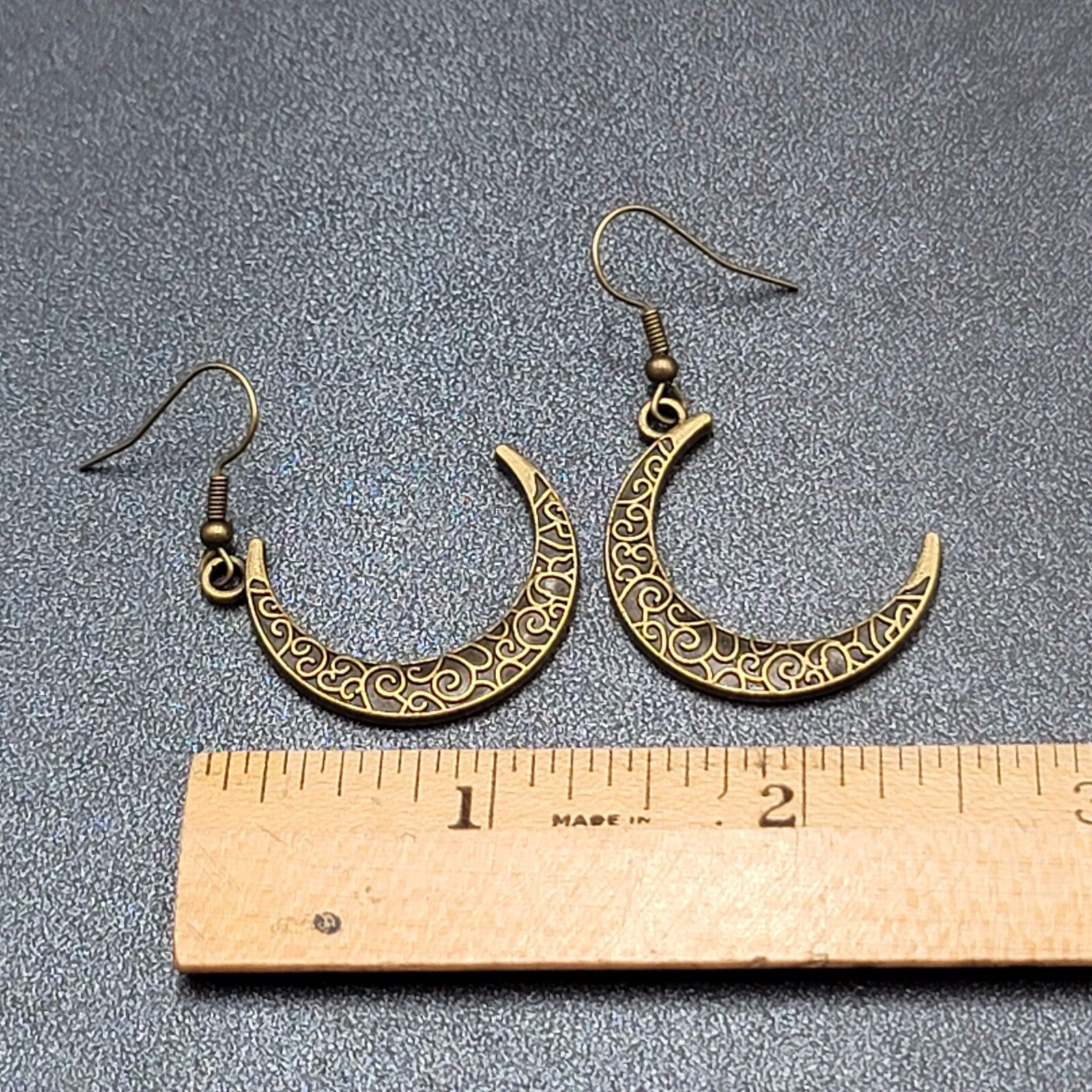 New Crescent Moon Pierced Earrings Embossed Pattern Bronze tone Dangle 1.25"