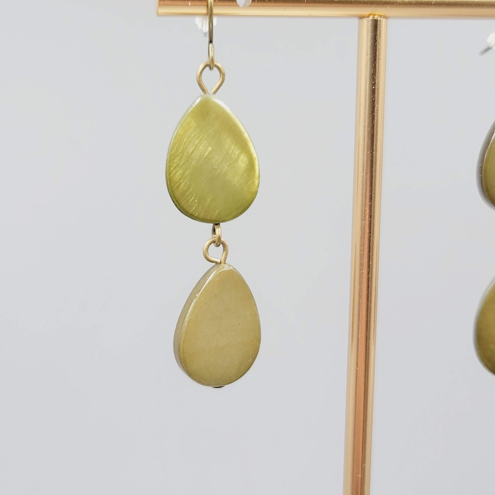 Teardrop Dangle Pierced Earrings Green Dyed Shell Bronze tone 1.75"