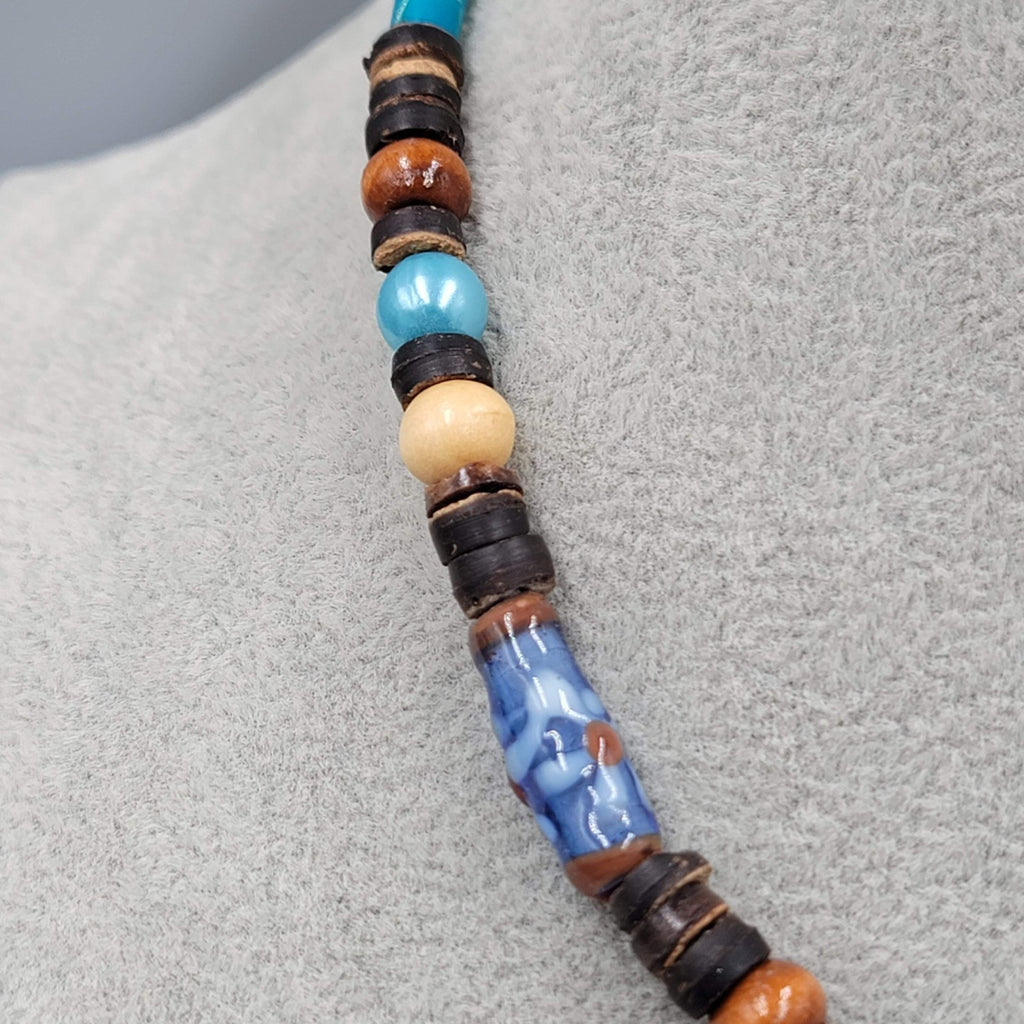 Artisan Beaded Necklace Wood Coconut Art Glass Blue Brown Beige Button Close 17"