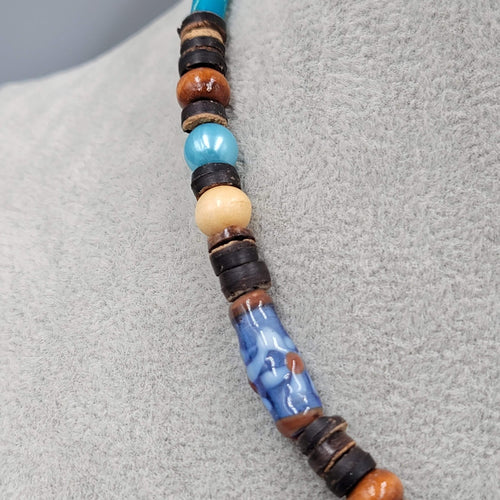 Artisan Beaded Necklace Wood Coconut Art Glass Blue Brown Beige Button Close 17"