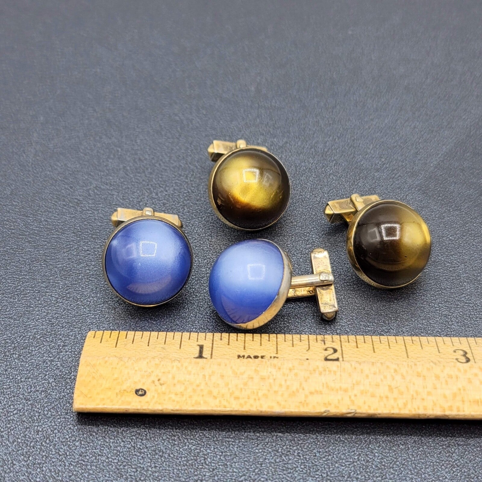 Vintage Cufflinks Lot of 2 Gold tone Blue Green Chatoyant Costume Men's Jewelry