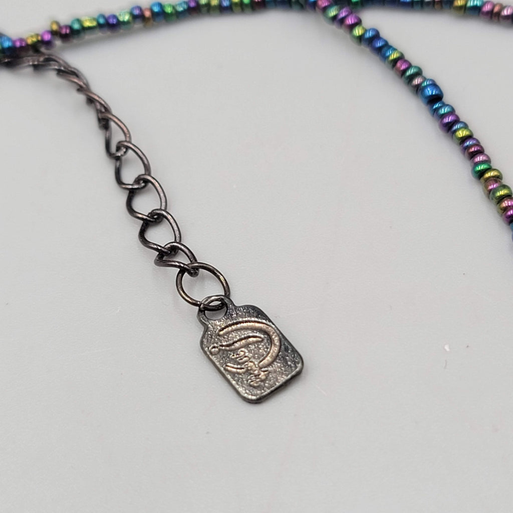 Signed Beaded Necklace Long 30 in Black Purple Green Triple Layer
