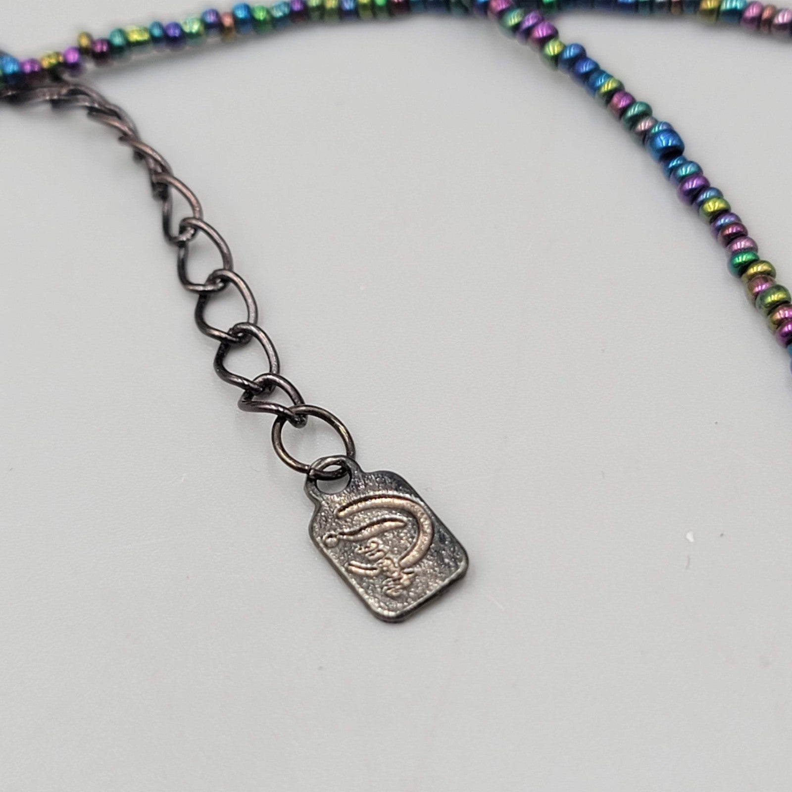 Signed Beaded Necklace Long 30 in Black Purple Green Triple Layer