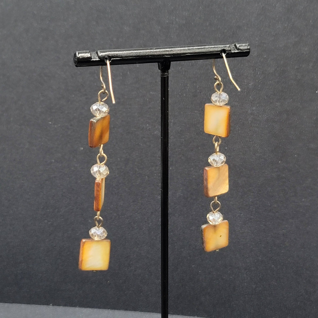 Pierced Earrings Brown Square Seashell Beads Dangle 2 3/8"