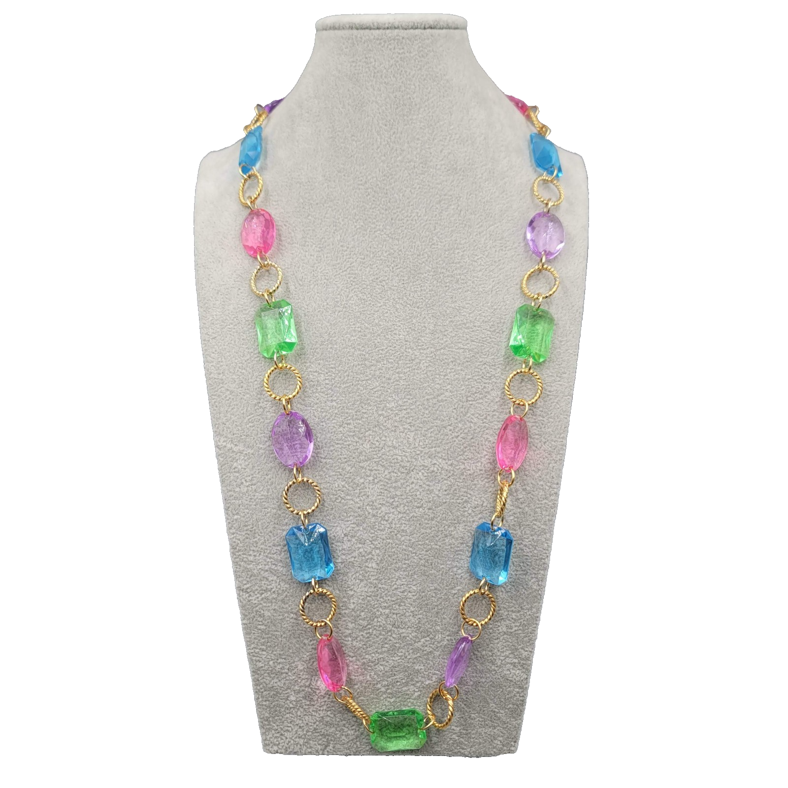 Long Statement Bead Necklace Gold tone Pink Green Blue Purple 30 in