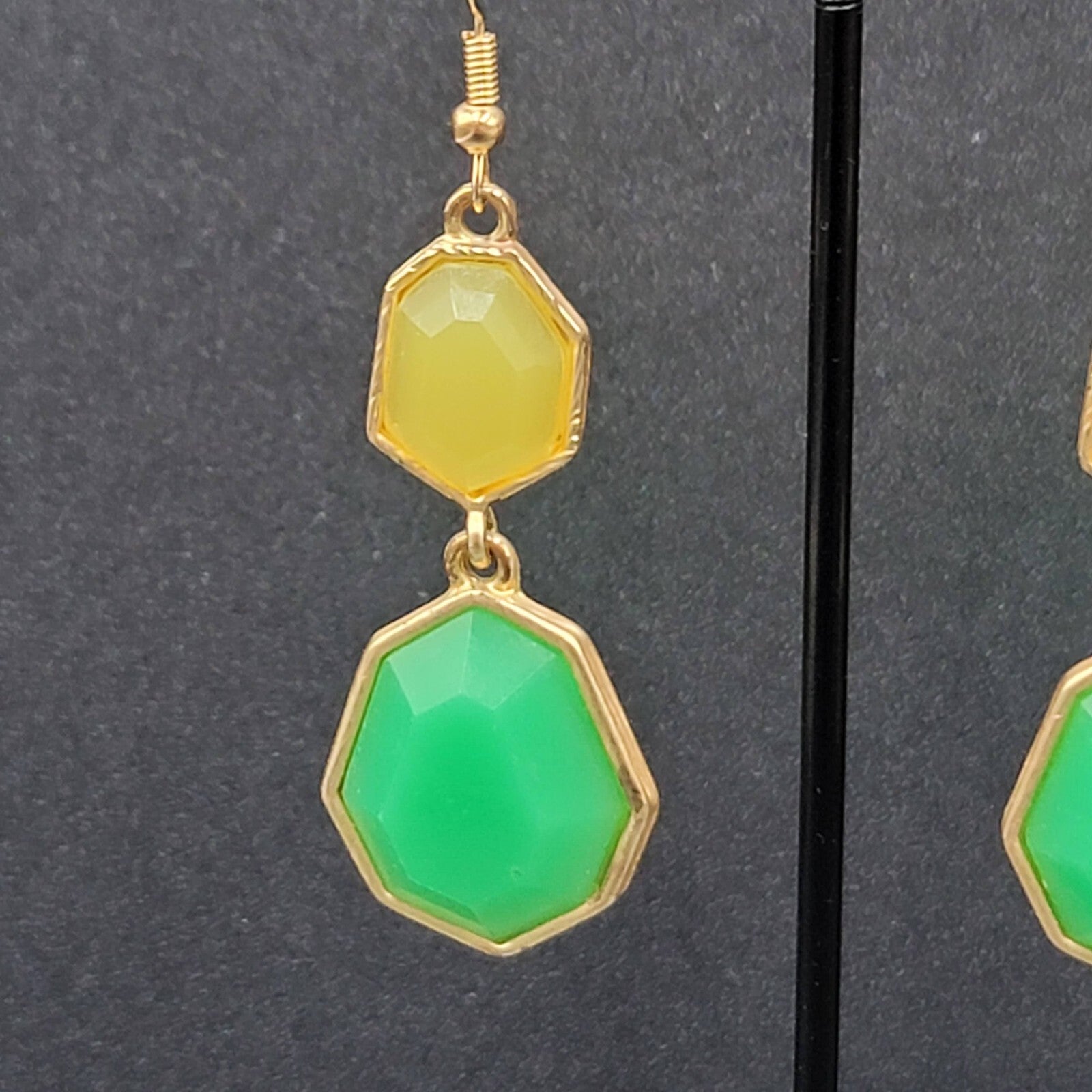 Pierced Earrings Gold tone Green Yellow Acrylic Dangle 1.75"
