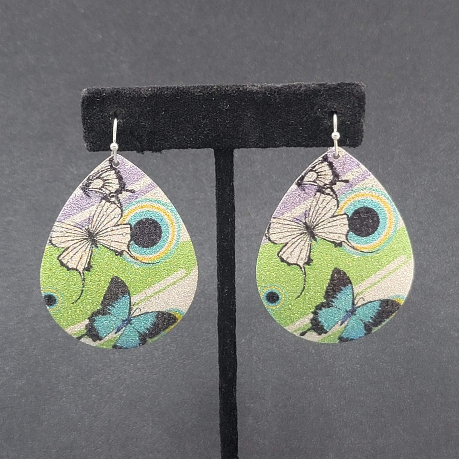 Pierced Earrings Silver tone Textured Butterfly  Teardrop Dangle 2"