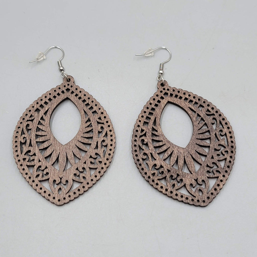 Wood Cut Large Boho Pierced Earrings Silver tone Dangle 3 in