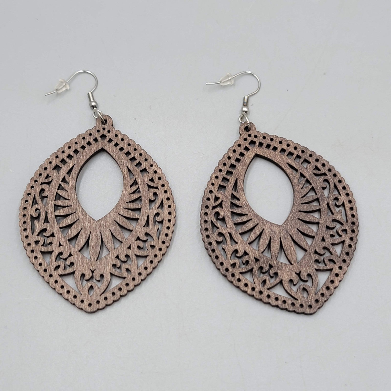 Wood Cut Large Boho Pierced Earrings Silver tone Dangle 3 in