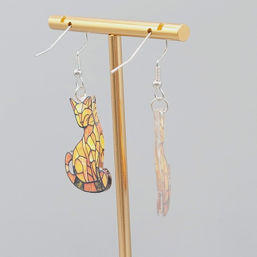 Yellow Kitty Cat Pierced Earrings Acrylic Dangle 1 3/8"