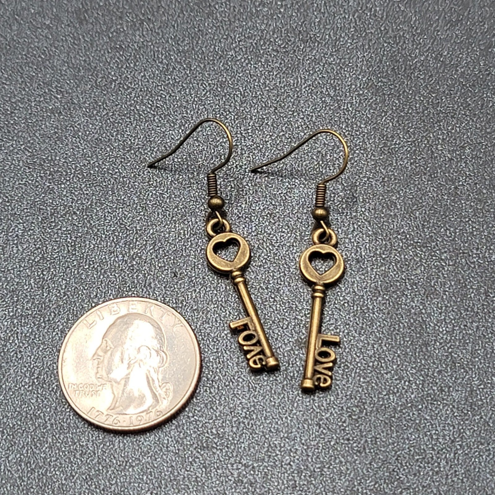 NEW Skeleton Key Pierced Earrings Bronze tone LOVE Dangle 1.25"