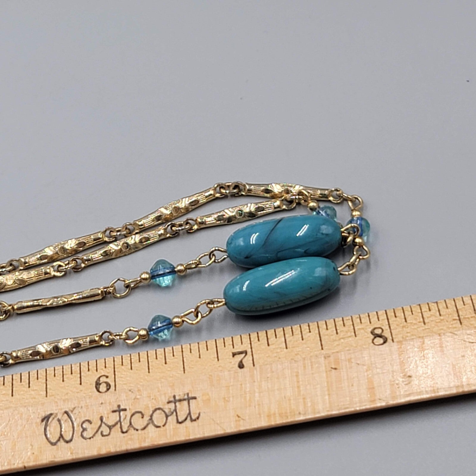 Vintage Sarah Cov Long Station Necklace Blue Bead Gold tone Bar Chain 36"