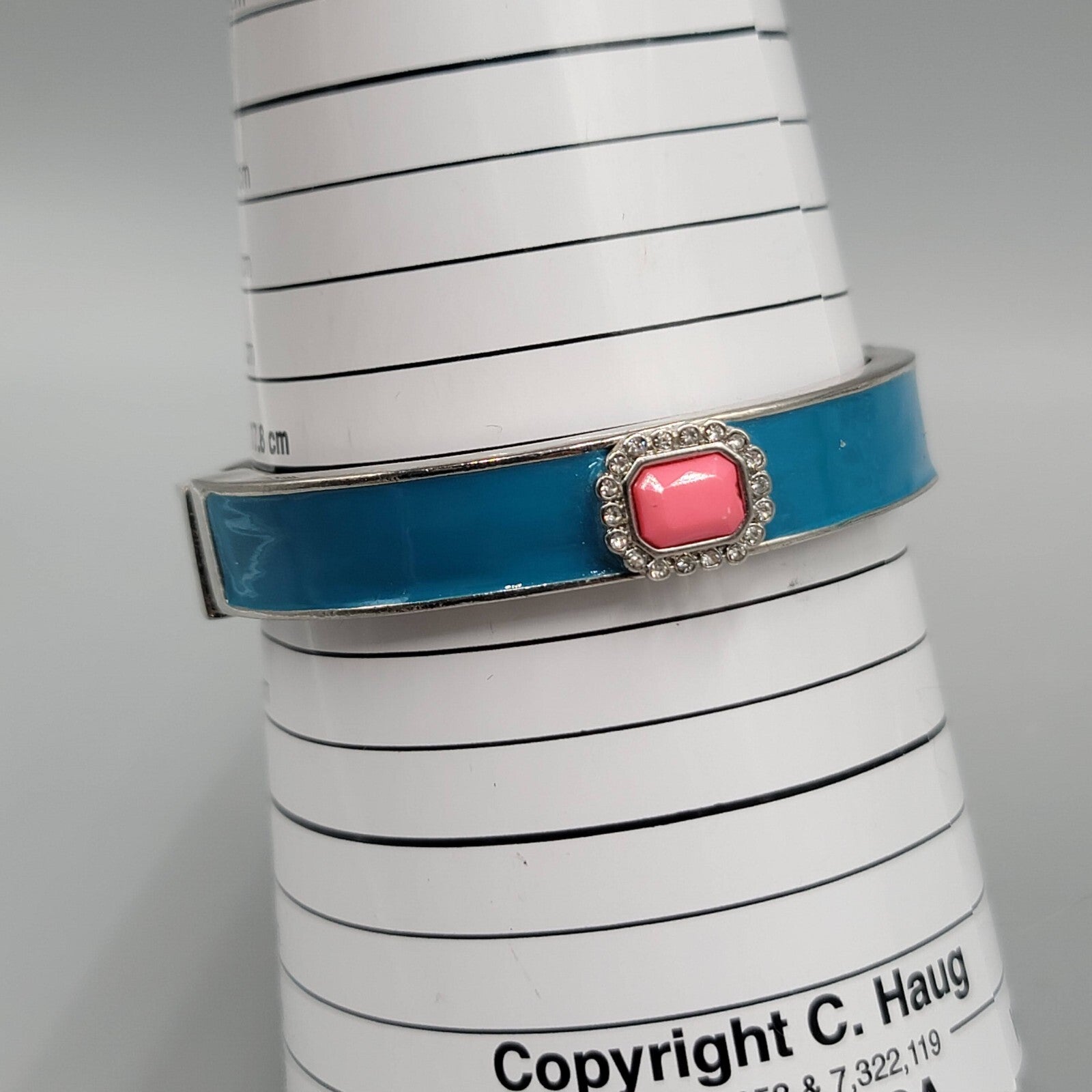 Hinged Bangle Bracelet Silver tone Blue Enamel Pink Accent 7.25"