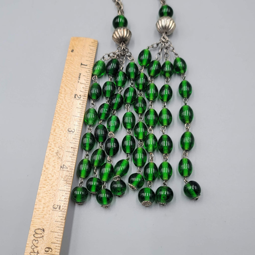 Green Glass Bead Curtain Tie Backs Set of 2 Silver tone Chain