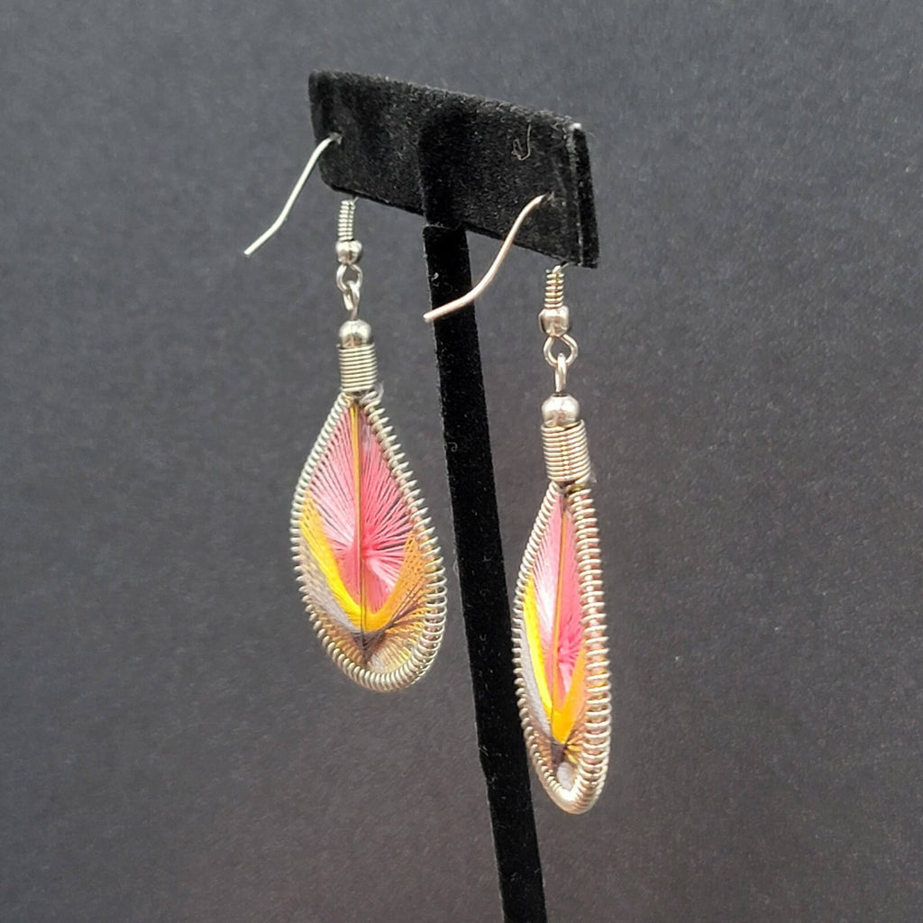 Pierced Earrings Silver tone String Art Yellow Pink Purple Teardrop 2"