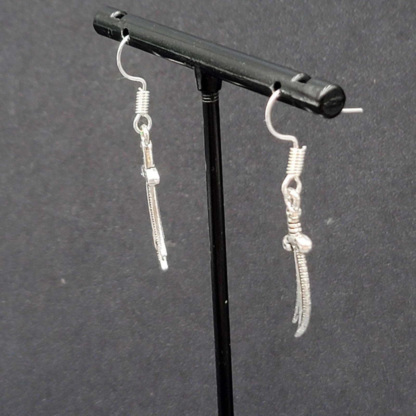 Pierced Earrings Scimitar Sword Silver tone Dangle 1"