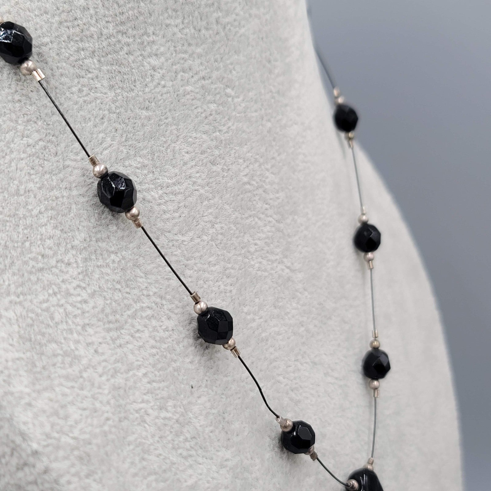 Black Glass Bead Station Necklace Silver tone 18"