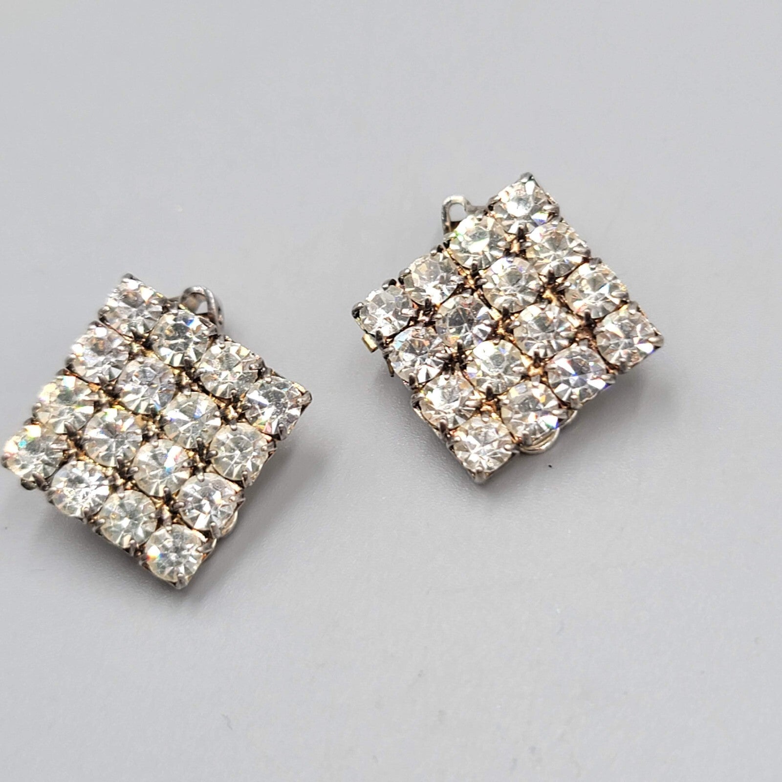 Vintage Square Rhinestone Clip on Earrings Silver tone 7/8"