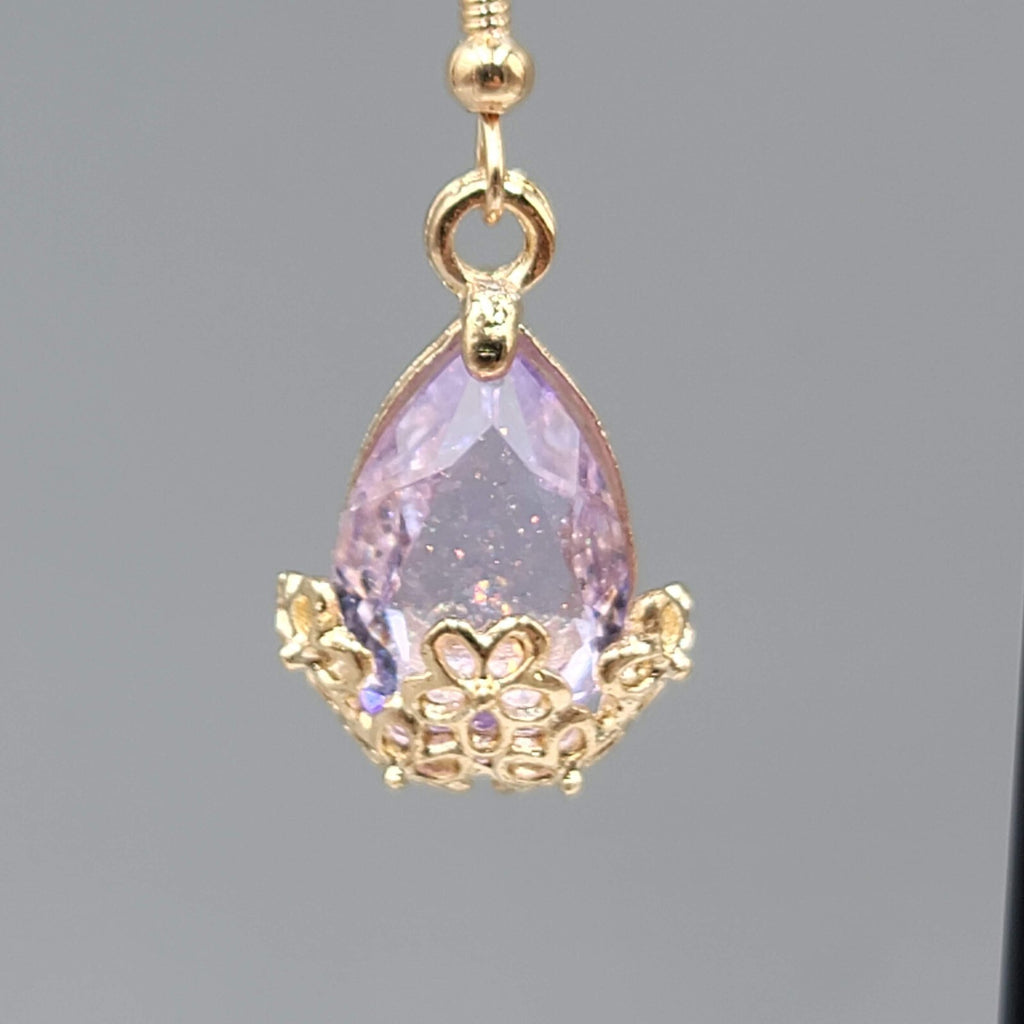 New Pierced Earrings Gold tone Glitter Purple Glass Teardrop Dangle 3/4"