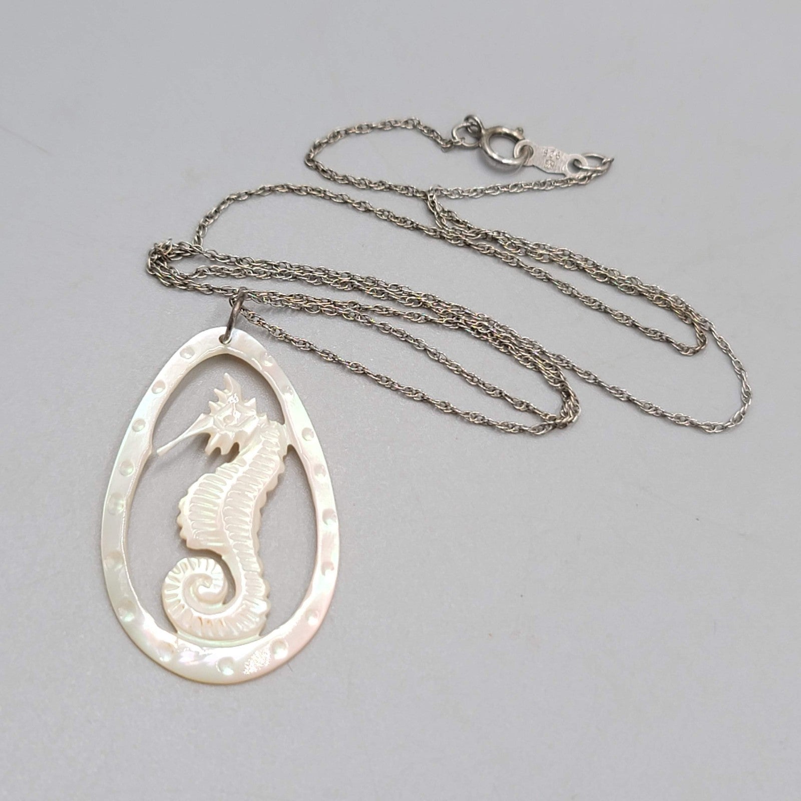Vintage Seahorse Sterling Silver Necklace Hand Carved Mother of Pearl Pendant 18