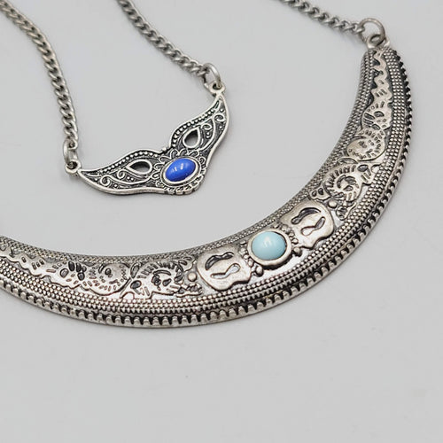 Boho Statement Necklace Silver Tone Turquoise Layered Crescent Pendant 16"-18"