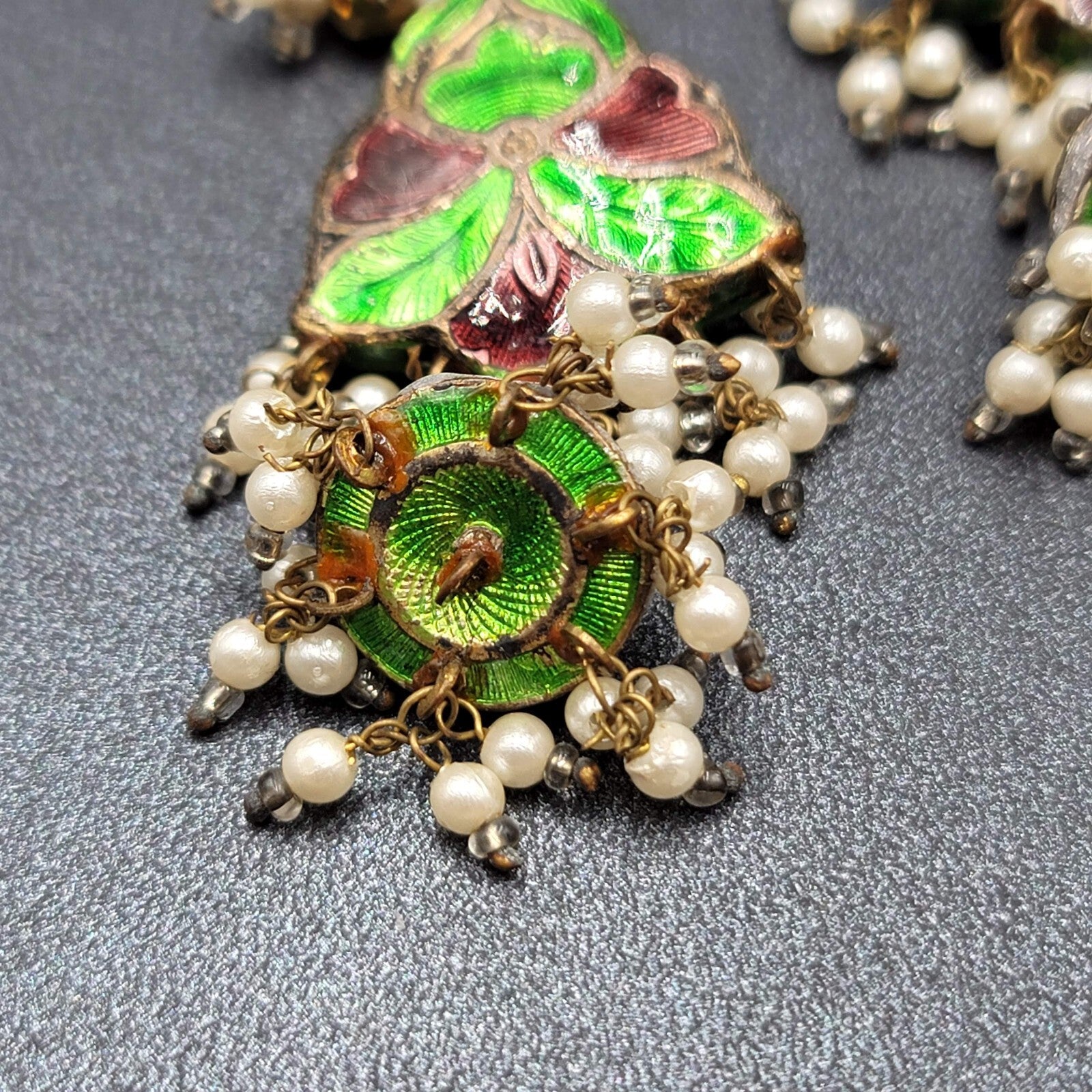Clip on Earrings Large Enamel Guilloche Beaded Chandelier India Jewelry 2.75"