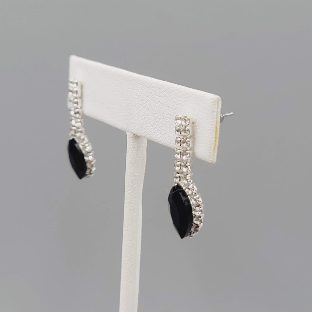 Black Clear Rhinestone Pierced Earrings Silver tone Dangle 1"