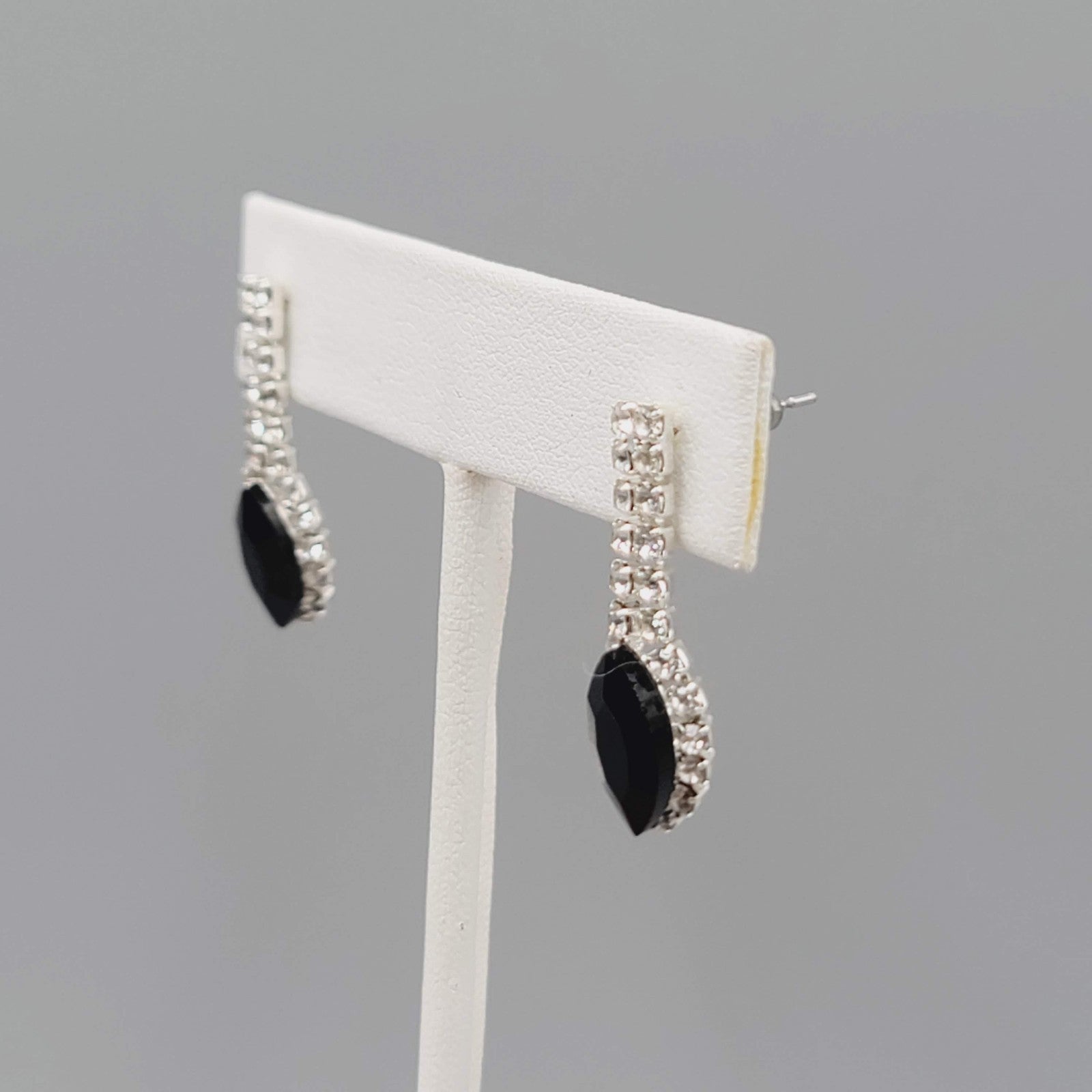 Black Clear Rhinestone Pierced Earrings Silver tone Dangle 1"