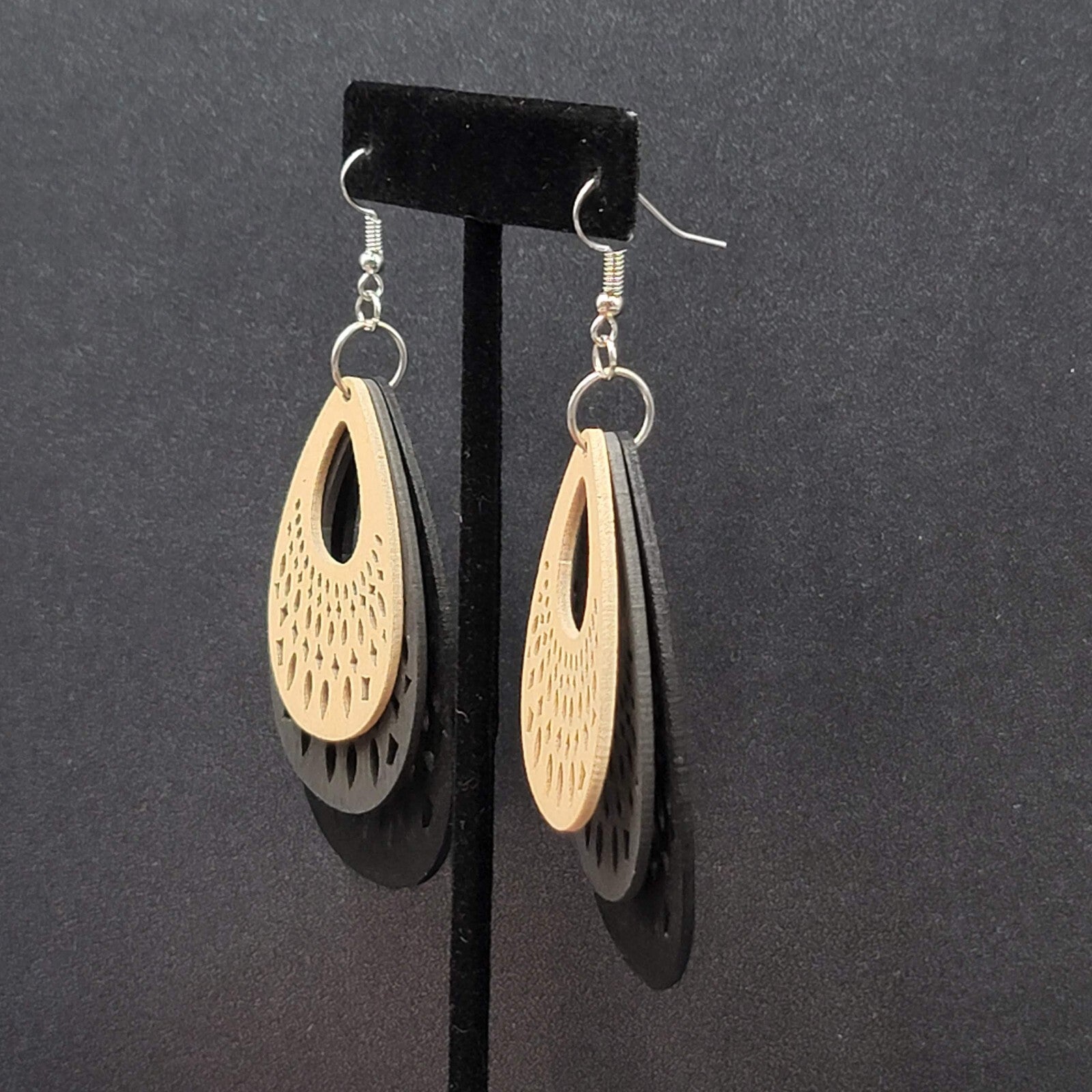Pierced Earrings Triple Layer Wood Teardrop Dangle Tan Gray Black 2.75"