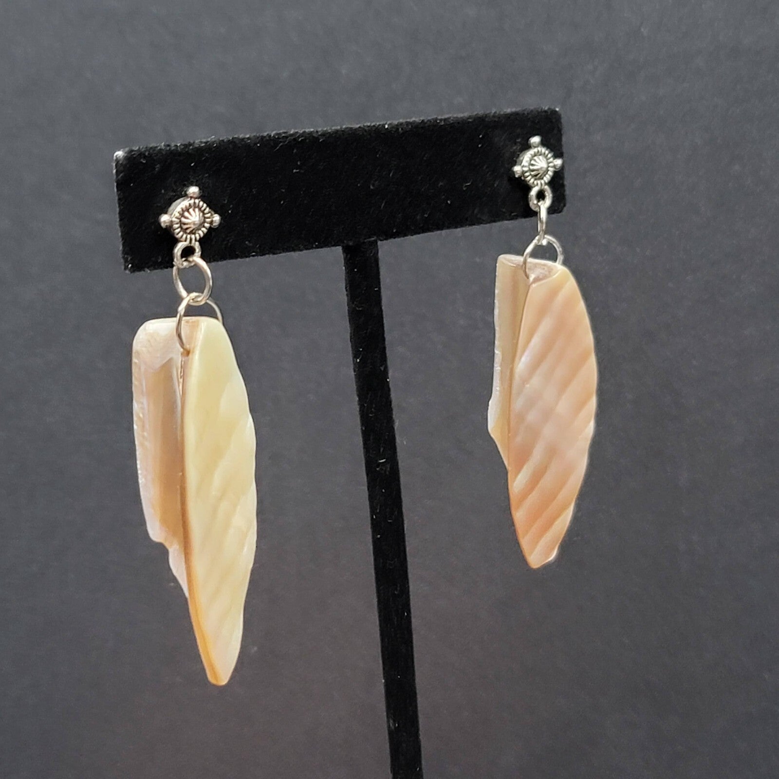 Pierced Earrings Real Seashell Dangle Silver tone 2"