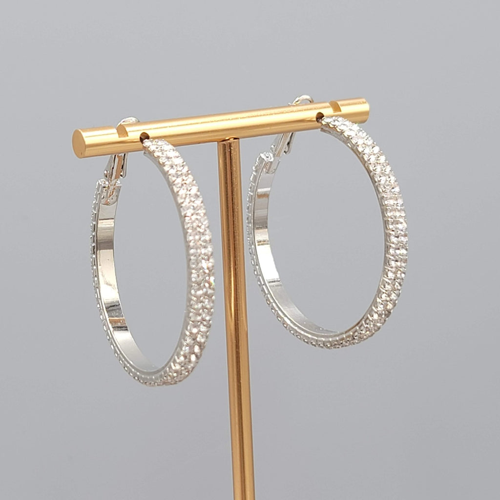 Rhinestone Studded Round Hoops Pierced Earrings Silver tone 1.5 in