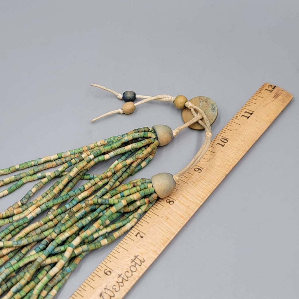 Multistrand Green Tan Bead Necklace Coconut Button Closure Adj 18"-20"