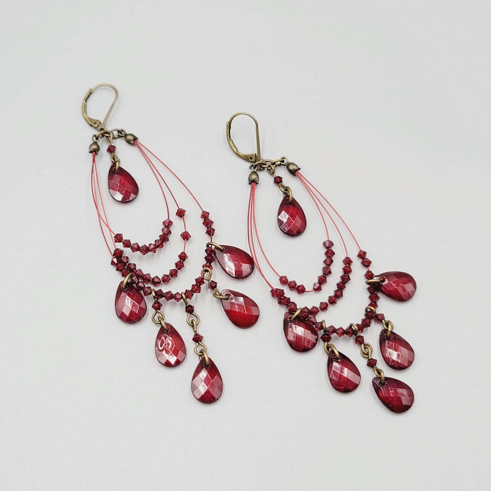 Red Bead Pierced Earrings Bronze tone Dangle Loops 3.5"