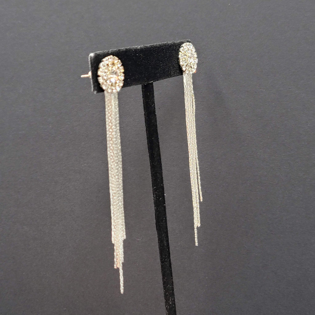 Long Dangle Chain Pierced Earrings Rhinestone Silver tone 3"