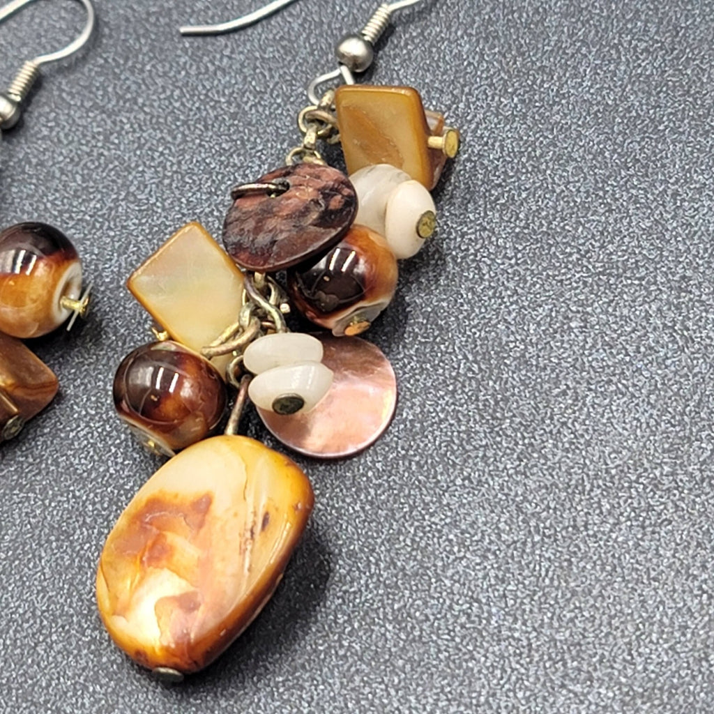 Pierced Earrings Brown Earth Tones Cluster Bead Shells 2.25"