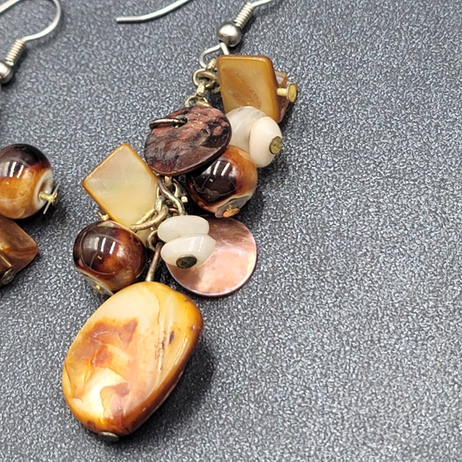 Pierced Earrings Brown Earth Tones Cluster Bead Shells 2.25"