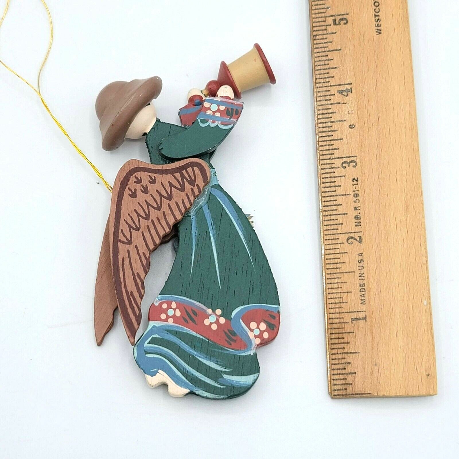 Wood Christmas Ornaments Lot of 2 Hand Painted Angel Trumpet Candle Teddy Bear