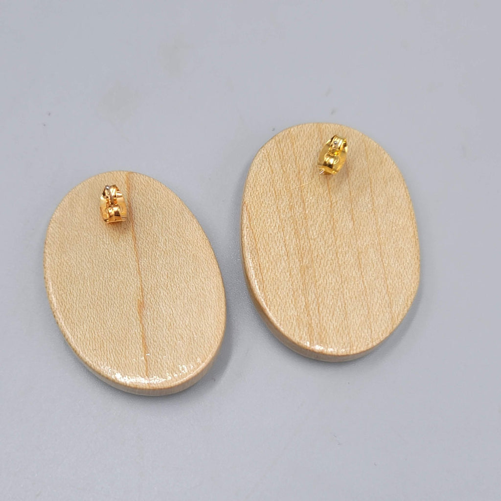 Large Wood Statement Pierced Earrings Oval Drop Gold tone 1.5"