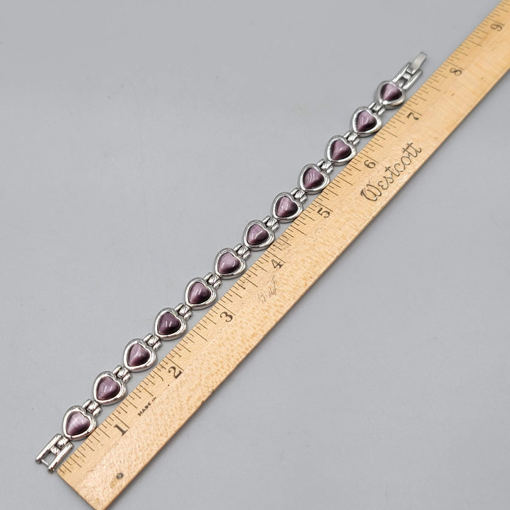 Purple Cats Eye Heart Bracelet Silver tone 7.25 in