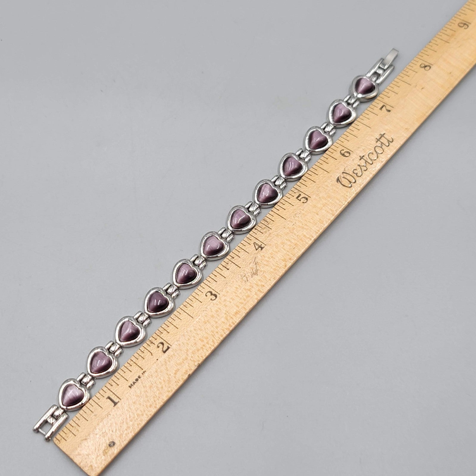 Purple Cats Eye Heart Bracelet Silver tone 7.25 in