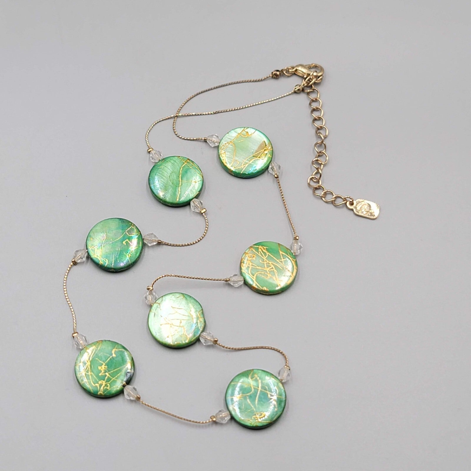 Green Dyed Mother of Pearl Station Bead Necklace 22"+