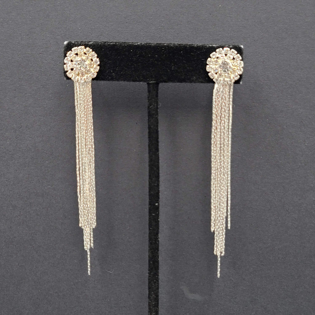 Long Dangle Chain Pierced Earrings Rhinestone Silver tone 3"