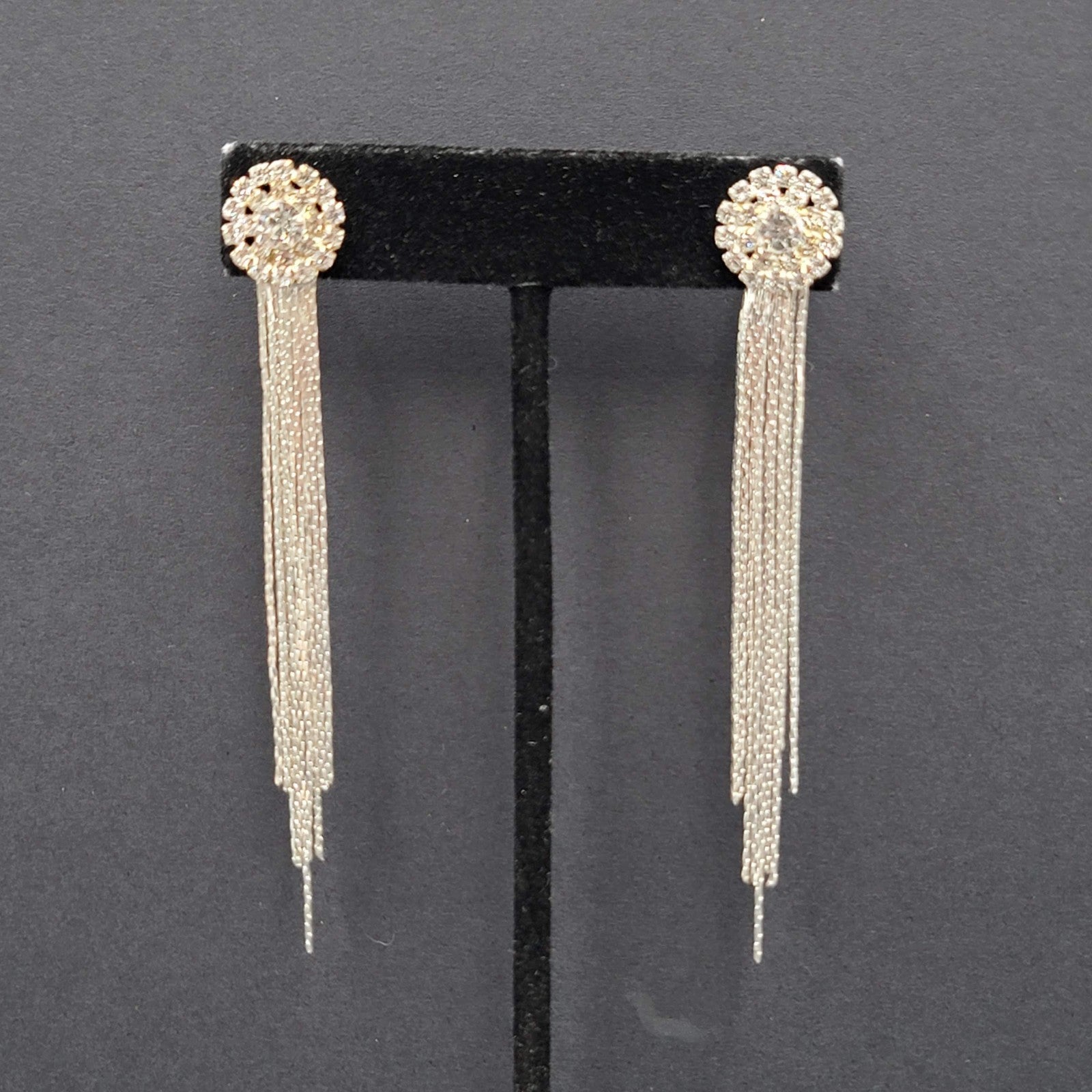 Long Dangle Chain Pierced Earrings Rhinestone Silver tone 3"