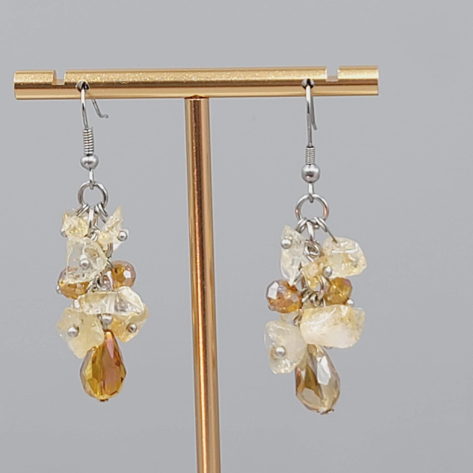 Quartz and Crystal Cluster Beads Pierced Earrings Silver tone Dangle 1.5"