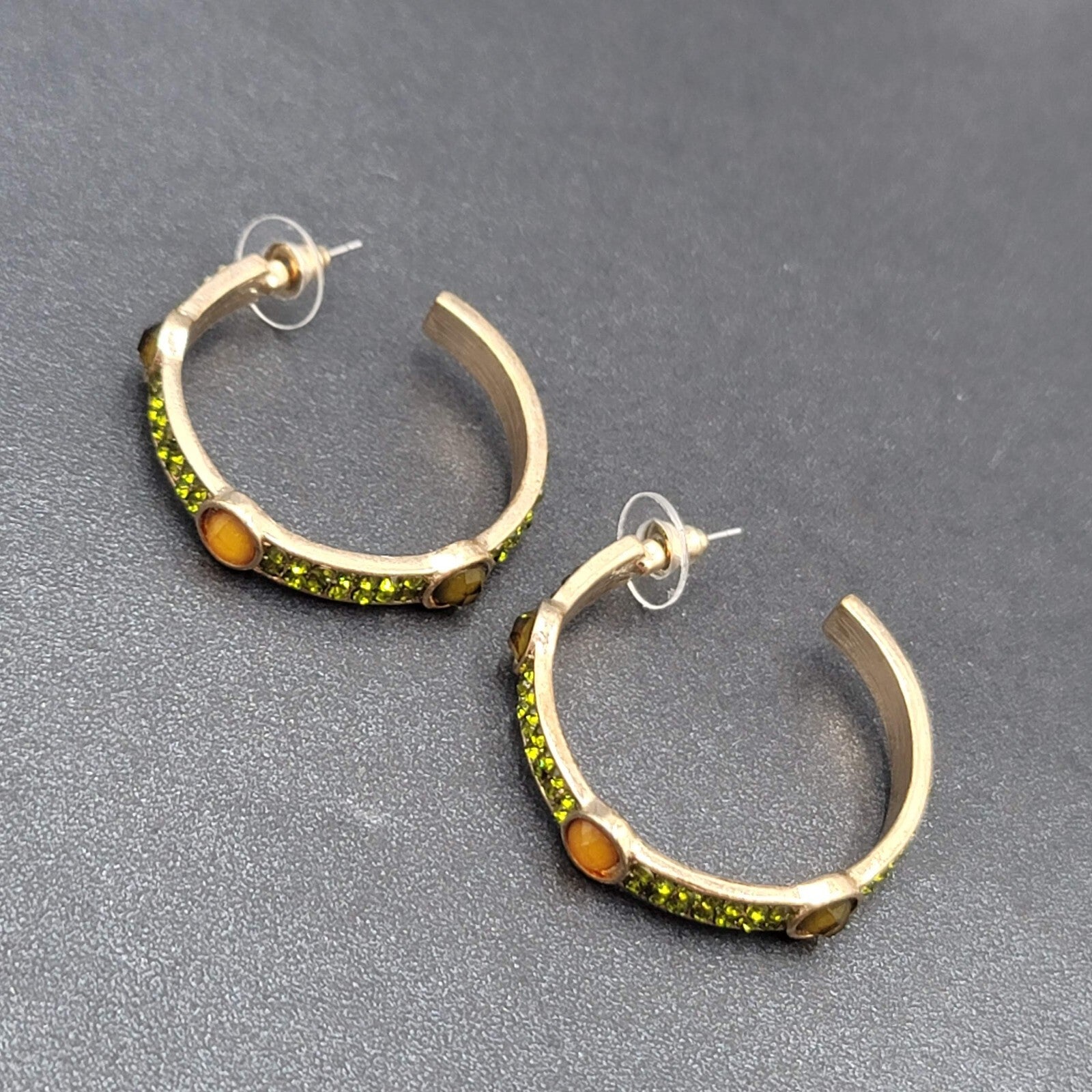 Pierced Earrings Gold tone Green Rhinestone Hoops 1 3/8"