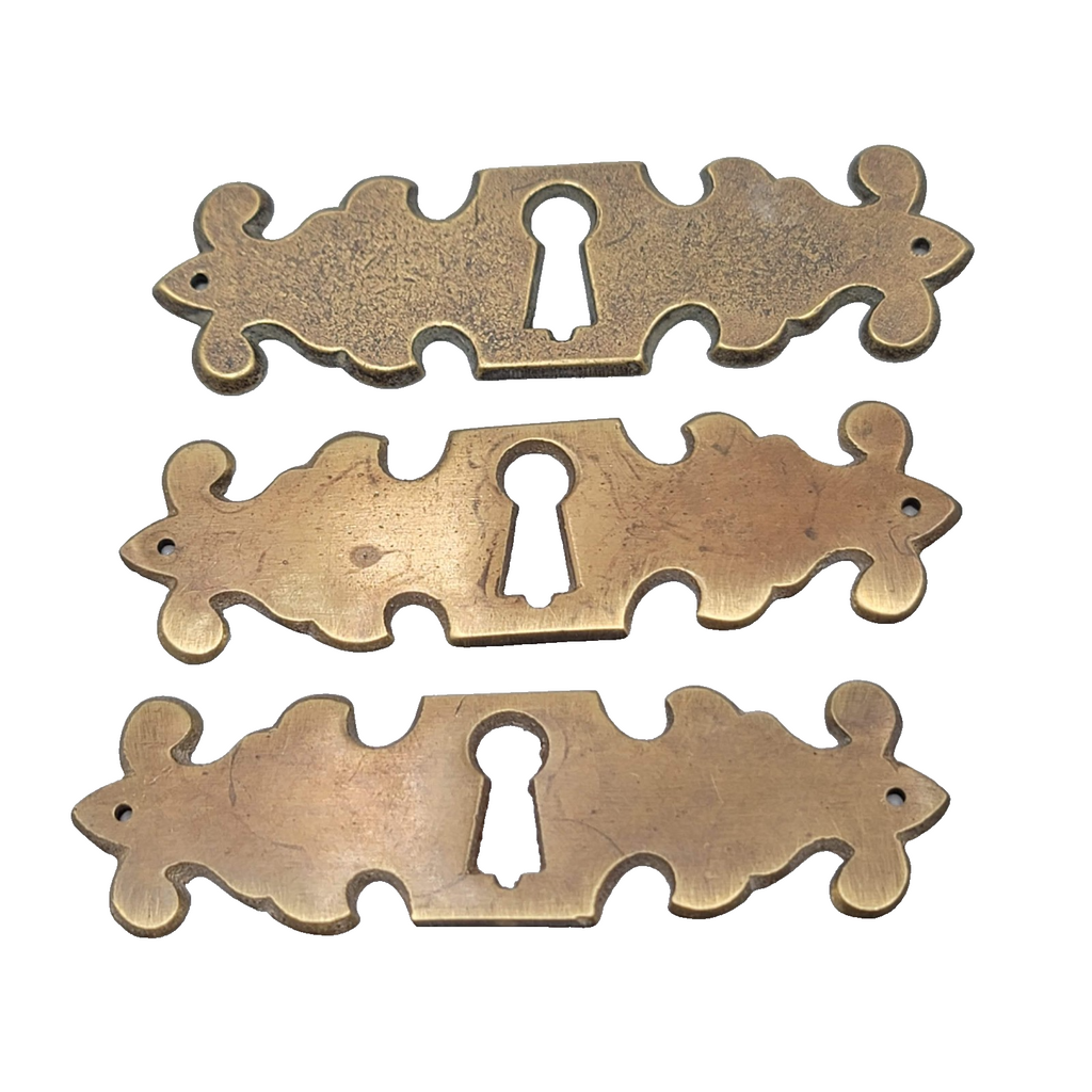 SINGLE Vintage Brass Skeleton Key hole Escutcheon ( 1 ) 3 1/2" x 1"