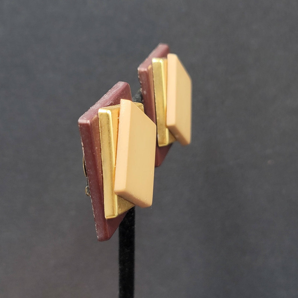 Vintage Clip on Earrings Plastic Layered Squares Brown Tan 1.25"