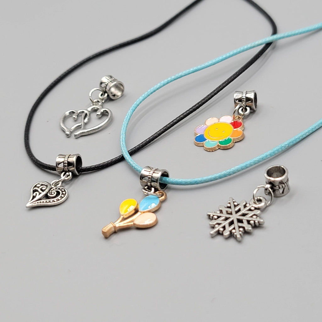 Necklace Charm Pendant Lot Blue and Black Cord Silver tone 5 Charms 18"