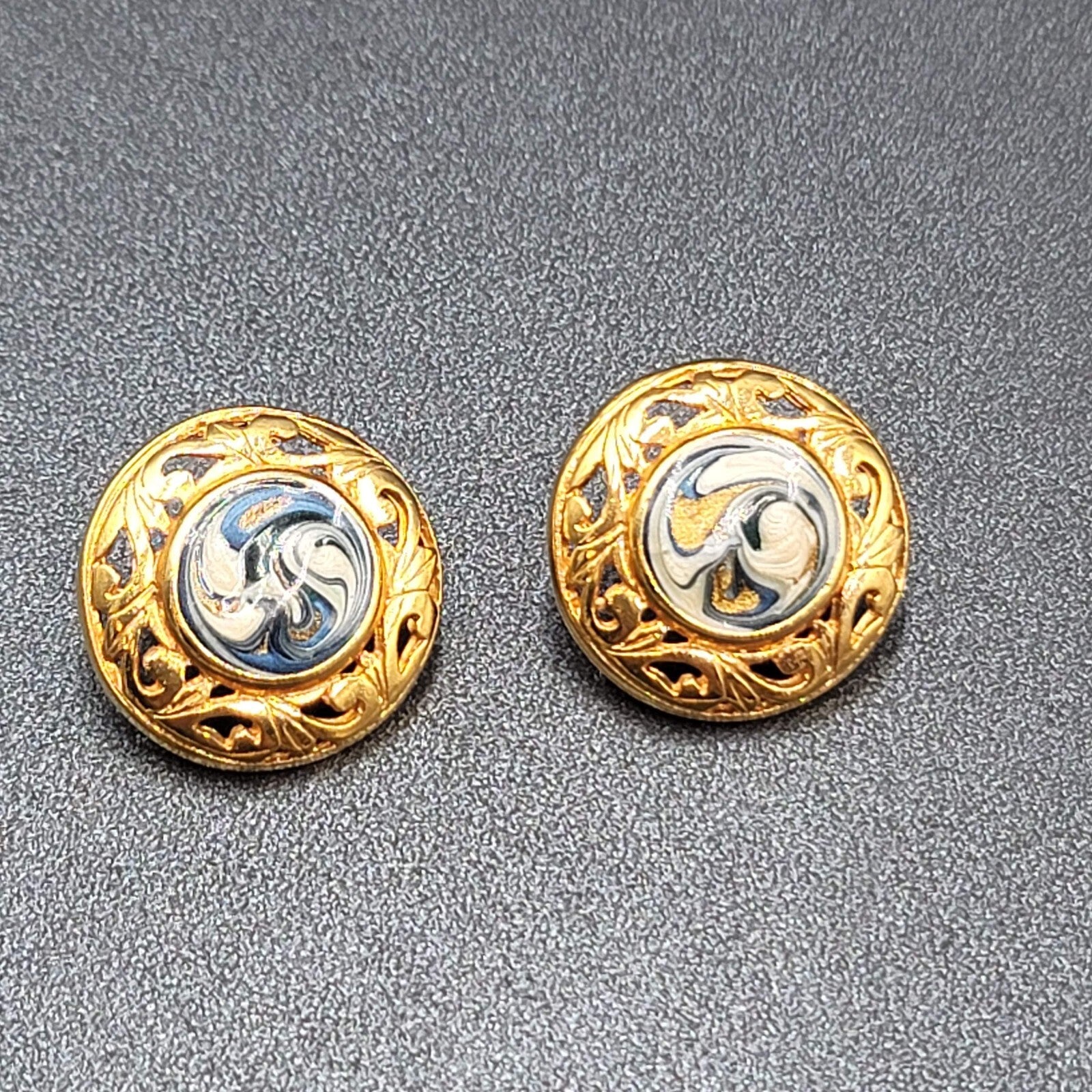 Vintage Pierced Earrings Gold Plated Blue Swirl Enamel Round Drop 1"